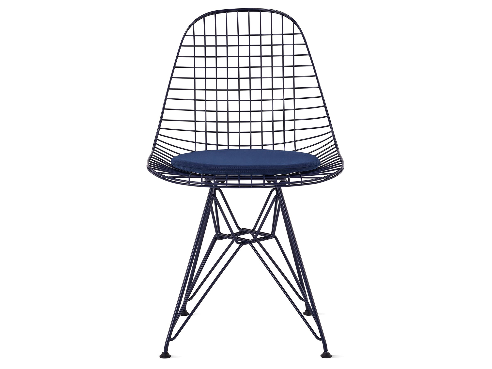 Black blue wire upholstered chair with wire base front view
